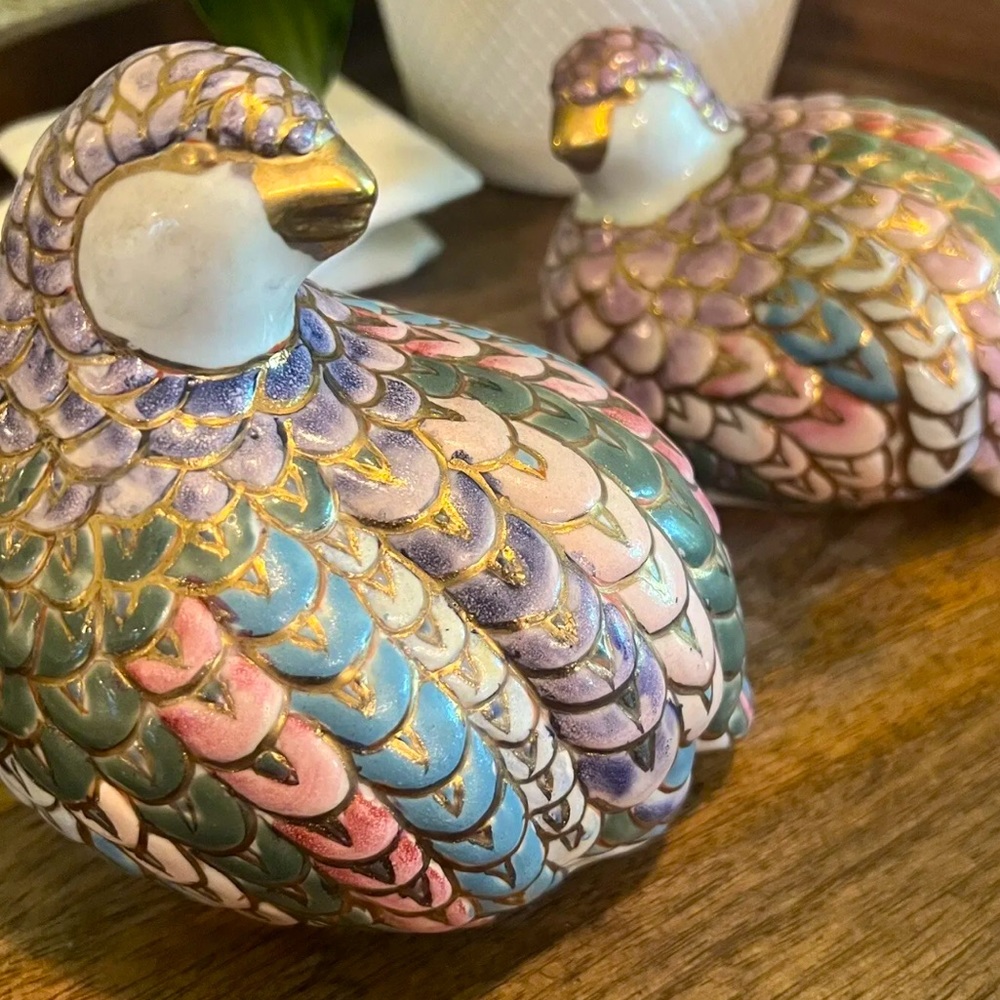 Vintage Hand Painted Pair of Ceramic Quail Pastel Colors Gold Accents